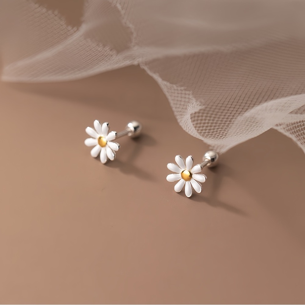 Solid Silver Daisy Flower Screw Back Studs Earrin… - image 6
